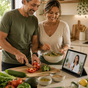 Pareja teniendo una conslta nutricional en linea
